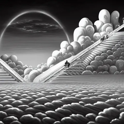 Image similar to A black and white freemasonic chequered surrealist digital painting of a stairway to into the clouds in the art style of jeff koons, Gilbert williams, Edwin Frederic Church and Christopher Balaskas, trending on artstation, 4k UHD