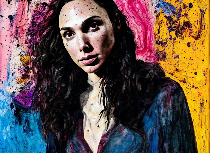 Image similar to portrait of gal gadot in tears, by vincent lefevre and hernan bas and pat steir and hilma af klint, psychological, photorealistic, dripping paint, washy brush, rendered in octane, altermodern, masterpiece