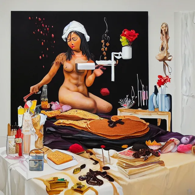 Image similar to a portrait in a female art student's bedroom, black walls, a woman sitting on a bed made of pancakes, honey dripping, berries dripping, chocolate, surgical supplies, ikebana, octopus, neo - expressionism, surrealism, acrylic and spray paint and oilstick on canvas