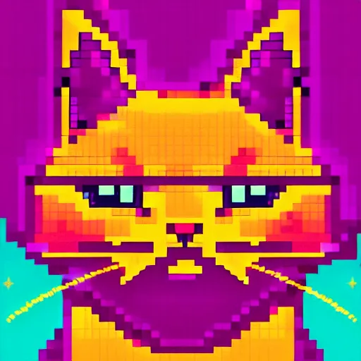 Prompt: cute cat in retro colors, synthwave style, pixel art, dark background