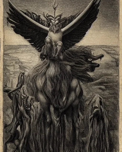 Image similar to a creature with the body and eyes of a man, with the beak of an eagle, the mane of a lion, and the horns of an ox by jean delville
