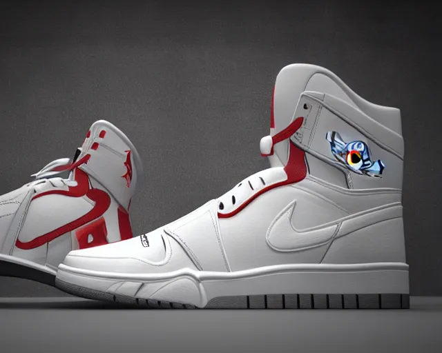 Image similar to mid height air jordan sneakers the joker design, 3d render, the joker design, cinematic, studio lighting, award winning, highly detailed