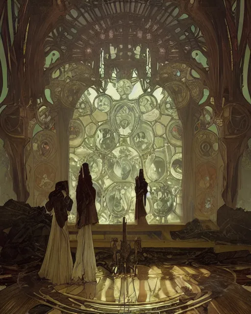 Image similar to inside the king's hall wolves and their treasures, ethereal, ominous, misty, 8 k, by alphonse mucha and greg rutkowski