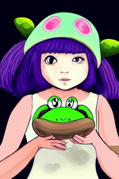 Prompt: a beautiful little girl wearing a mushroom hat sitting on her bed petting a frog in her lap | | purple hair, pretty face, sharped details, in yokai watch art style, trending on pixiv, anatomically correct