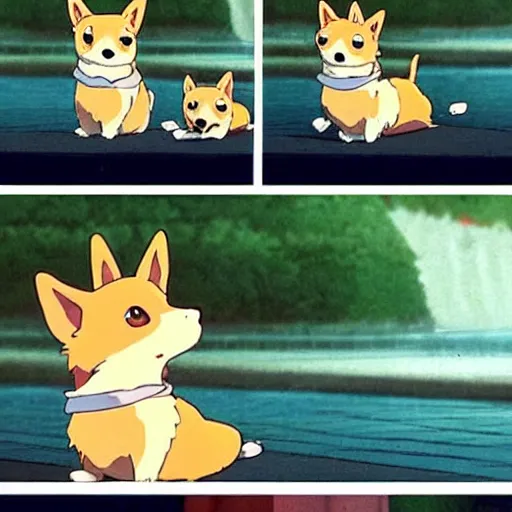 Image similar to the most adorable corgi, smiling, happy, cute, scene from an anime by studio ghibli, hayao miyazaki, spirited away