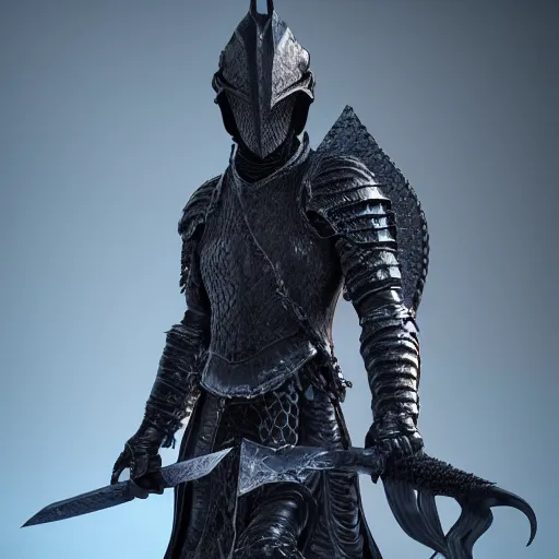 Image similar to detailed hypperrealistic artstation render, full body front view of a scaly black cloaked man, wearing a metal knights helmet, carries a large knights blue greatsword in his hands, in addition tentacles emerge from his back like wings