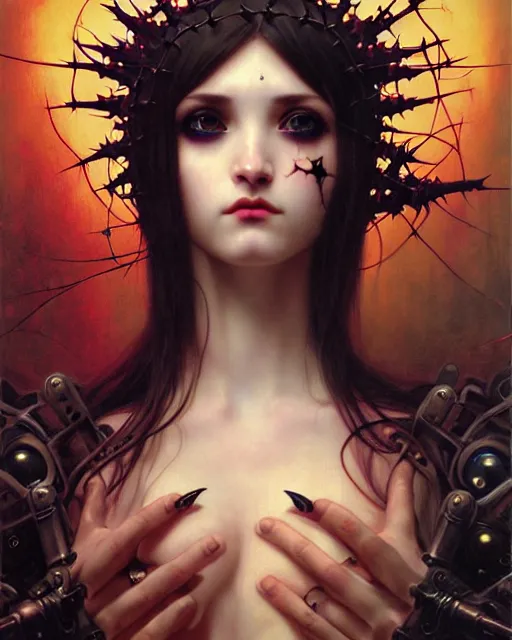 Prompt: portrait of beautiful cute goth maiden girl with crown of thorns in warhammer demonic mechanical armor, high details, neon colors, art by ( ( ( kuvshinov ilya ) ) ) and wayne barlowe and gustav klimt and artgerm and wlop and william - adolphe bouguereau