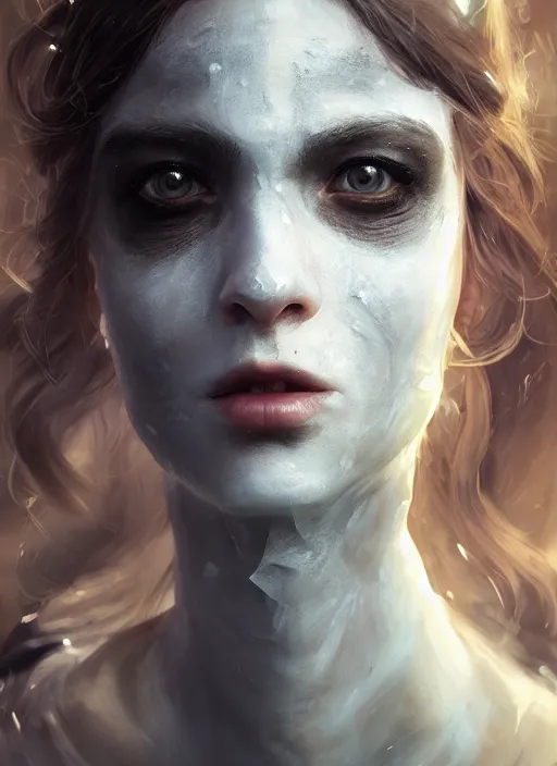 Image similar to portrait of beautiful girl with full pouty lips, skeksis, white face paint, bandaged nose, striking eyes, fullbody, insanely detailed, procedural rendering, greg rutkowski, charlie bowater, yuumei, yanjun cheng, unreal 5, daz, hyperrealistic, octane render, rpg portrait, dynamic lighting, fantasy art, beautiful face