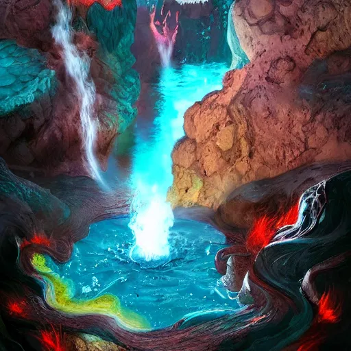 Image similar to a black dragon in the middle of a colorful geothermal hotspring in a cavern, featured on artstation