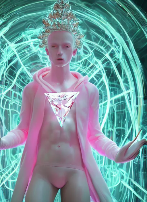 Image similar to photo of fullbodied baroque and bladerunner delicate neon diamond sculpture of seductive ceramic albino marble prince andres sanjuan dotado mint iridescent humanoid deity wearing pink plastic fluffy hoody holding diamond skull in a white alien dungeon, reclining, glowing magenta face, crown of white diamonds, cinematic lighting, photorealistic, octane render 8 k depth of field 3 d