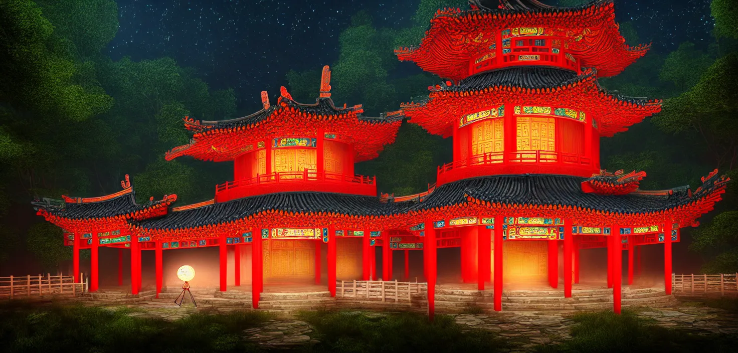 Prompt: a traditional chinese building in the forest at night, big round glowing multicoloured portal house, central symmetrical composition, incredible, vector art, octane render, fabulous, hyper detailed, random cinematic view, no noise, global illumination, warm lighting, volumetric, godrays, vivid, beautiful, by oliver beck
