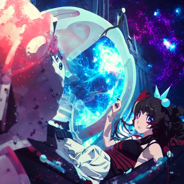 Image similar to close up of Albedo from overlord, close up of mamimi samejima from flcl, psychedelic background, epcot, inside a space station, eye of providence, female anime character, Ruan Jia, giygas