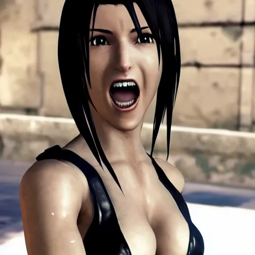 Image similar to Tifa Lockhart from Final Fantasy VII Remake (2020) laughing in Italy