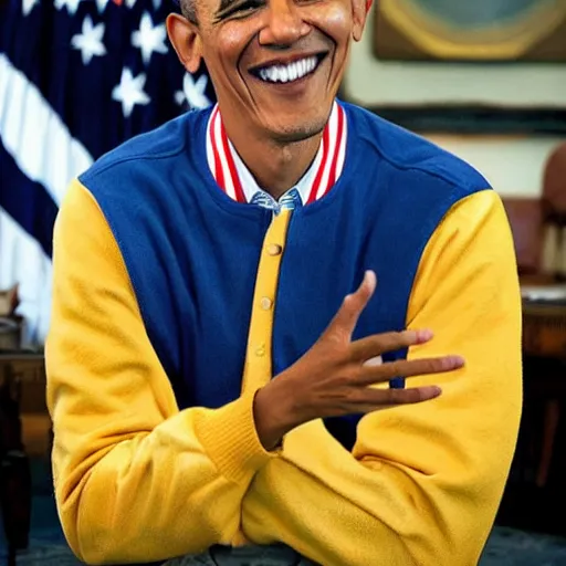 Image similar to realistic photo of casual barack obama wearing a royal blue varsity jacket with yellow sleeves