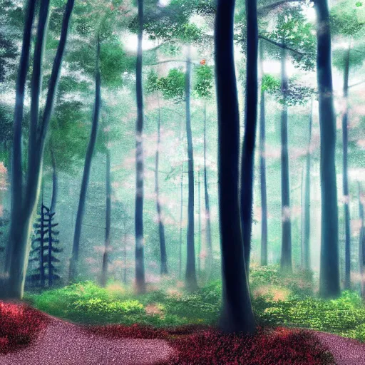 Prompt: anime forest woods moody background