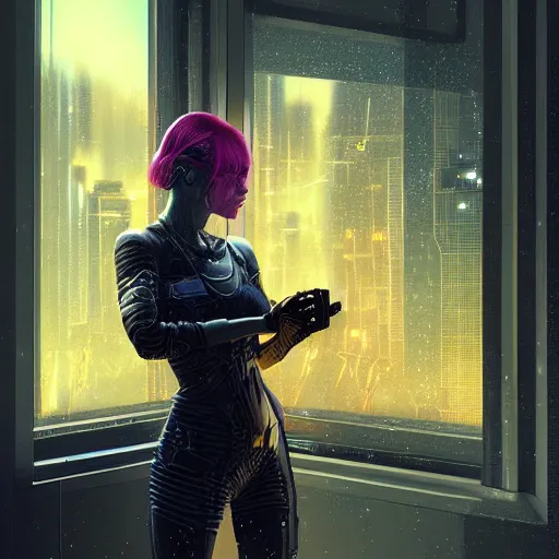 Image similar to portrait of cyberpunk woman looking out of a window, cyberpunk setting, futuristic, highly detailed, intricate lighting, digital painting, sharp focus, illustration, trending on artstation, art by marc simonetti.