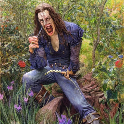 Image similar to pale screaming muscular ( vampire ), with jeans in a garden, by donato giancola.