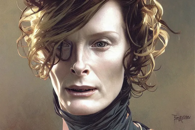 Prompt: hyper realistic portrait of tilda swildon, from the side, by lee bermejo, alphonse mucha and greg rutkowski