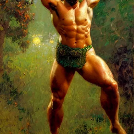 Image similar to young warrior marching, male, muscular, green eyes!!!!, straight nose!!!!!, beard, detailed face, thighs!!!!! gorgeous, amazing, muscular, intricate, highly detailed, painting by Gaston Bussiere, Craig Mullins