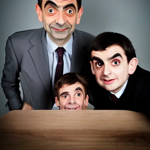 Image similar to A portrait mr bean teams up with a teenage mr bean, perfect faces, 50 mm, award winning photography