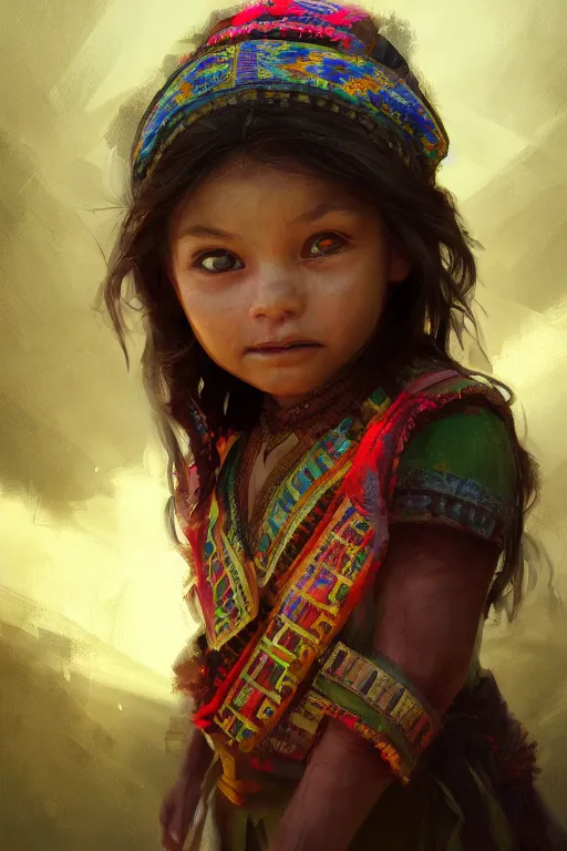 Image similar to aztec little girl, joyful, close - up portrait, intricate, elegant, volumetric lighting, scenery, digital painting, highly detailed, artstation, sharp focus, illustration, concept art, ruan jia, steve mccurry