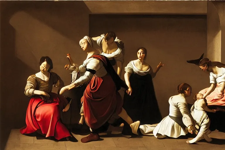 Image similar to 3 women, caravaggio, rubens, pieter de hooch, ary scheffer