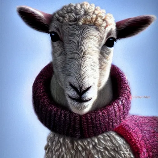 Image similar to lamb wearing a sweater, canon portrait, full body shot 4k, hills in the background, symmetry!!, coherent, photorealistic, cold colors, Scotland artstation,