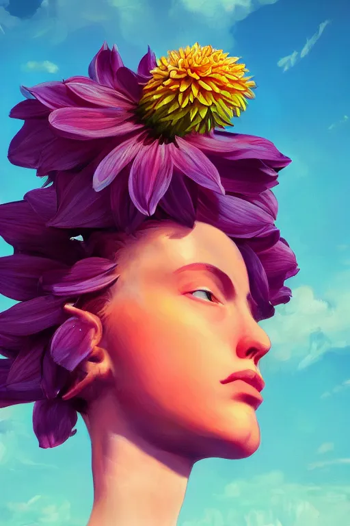 Image similar to closeup giant dahlia flower head, girl in a suit, street, surreal photography, blue sky, sunrise, dramatic light, impressionist painting, digital painting, artstation, simon stalenhag