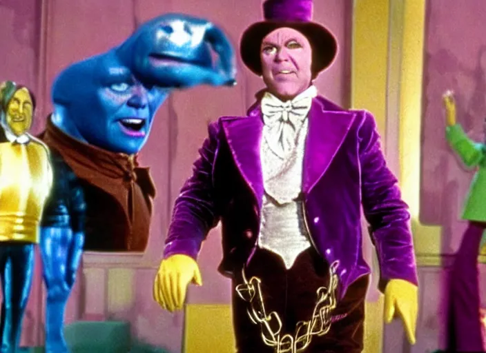 Image similar to film still of thanos as willy wonka in willy wonka and the chocolate factory 1 9 7 1