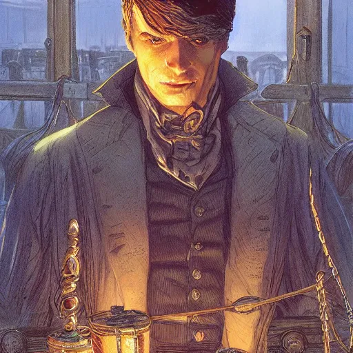 Prompt: Waynes Haberdashery from the Book Series Mistborn Illustrated by Michael Whelan