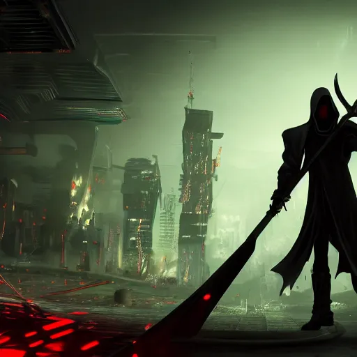 Image similar to photo of a grimm reaper with a large scythe in his hand walking in a futuristic city in a dystopian future made of electronic components and looks like a giant pcb board. Very detailed 8k. Unreal engine 5 render with nanite, global illumination and path tracing. Emphasize on the colors black and red.