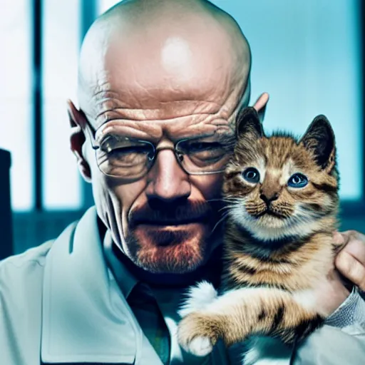 Prompt: a still from breaking bad, of walter white holding a kitten, while smiling, hd 4 k photo