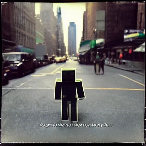 Prompt: A minecraft enderman walking the streets of new york, photograph, polaroid