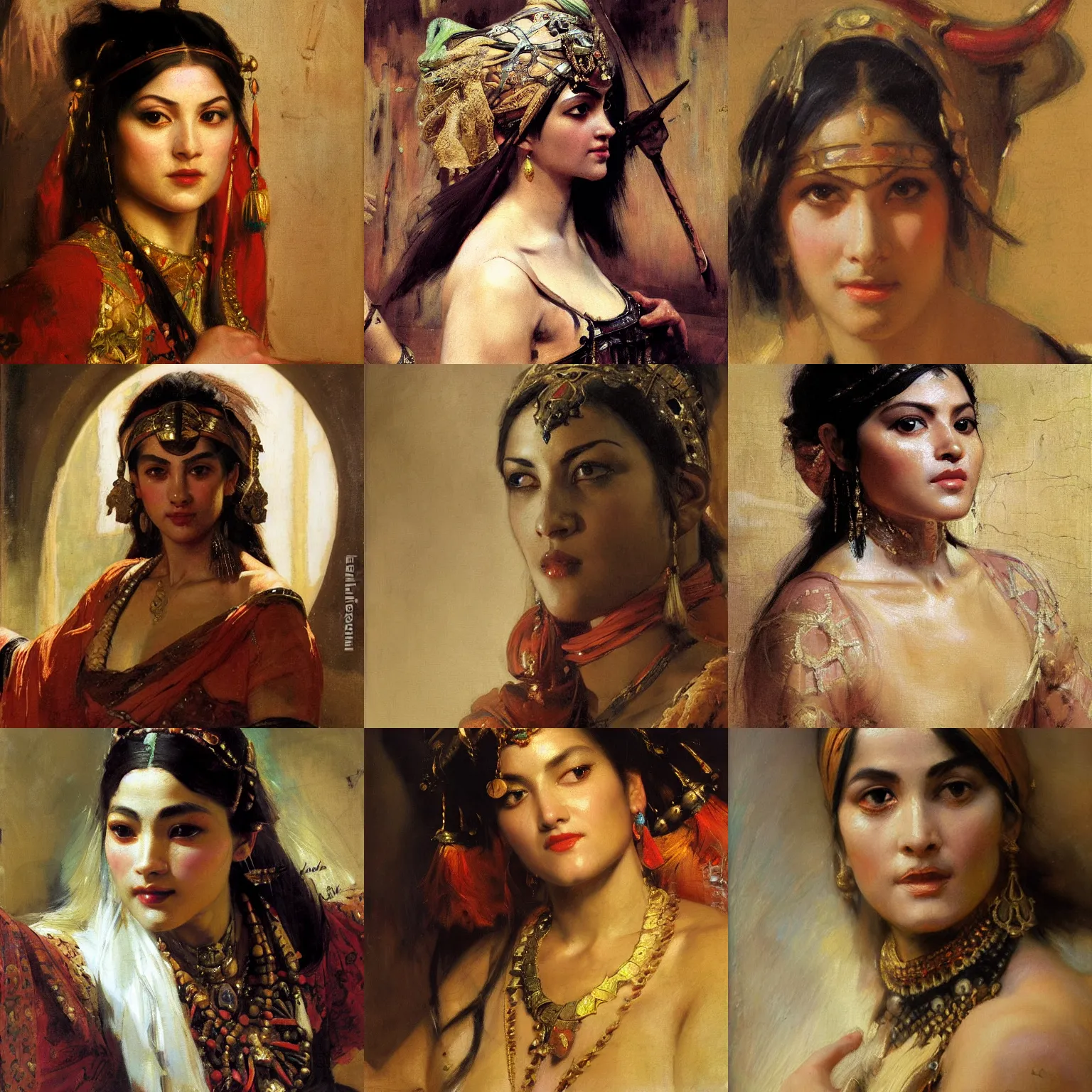 Prompt: orientalism painting of a confident bandit princess face detail by theodore ralli and nasreddine dinet and anders zorn and edwin longsden long, bronze age, sword and sorcery, oil on canvas, masterful intricate artwork, excellent lighting, high detail 8 k