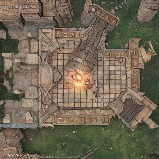 Prompt: a topdown battlemap from 9 0 degrees angle of a medieval town alley, dnd encounter, dawn, dark fantasy, extremely detailed, no people, photorealistic, octane render, 8 k, unreal engine 5. art by artgerm and greg rutkowski and alphonse mucha