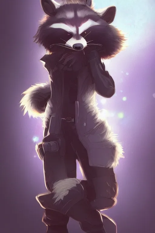 Image similar to a racoon fursona, trending on artstation, by kawacy, furry art, digital art, cyberpunk, high quality, backlighting