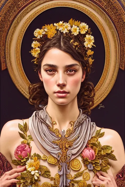 Image similar to body portrait of beautiful greek goddess, wearing an ornate toga with intricate floral patterns, by terry o'neill intricate, elegant, highly detailed, digital painting, glistening skin, artstation, concept art, smooth, sharp focus, bold lighting, illustration, art by artgerm and greg rutkowski and alphonse mucha, 8 k