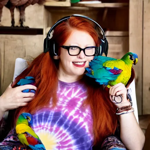 Prompt: a stunning hyper-detailed portrait photo of a beautiful bespectacled woman with long auburn hair and bangs, wearing a tie-dye t-shirt, wearing futuristic headphones and posing with her raccoons and parrots in an overstuffed easy chair in her sunlit living room, holding a coffee mug decorated with parrots, and holding a strawberry-glazed donut and smoking an elaborate hookah, perfect eyes, octane render, unreal engine, 85 mm lens,