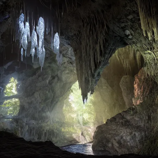 Prompt: Overgrown stone Cave, high detailed thin stalagmites, high detailed thin stalagtites, , Rays of light shining from above, Crystal Lighting, Mystical, Hyperrealistic, 4K, Unreal Engine, Highly Detailed, Dramatic Lighting, Magical, Beautiful