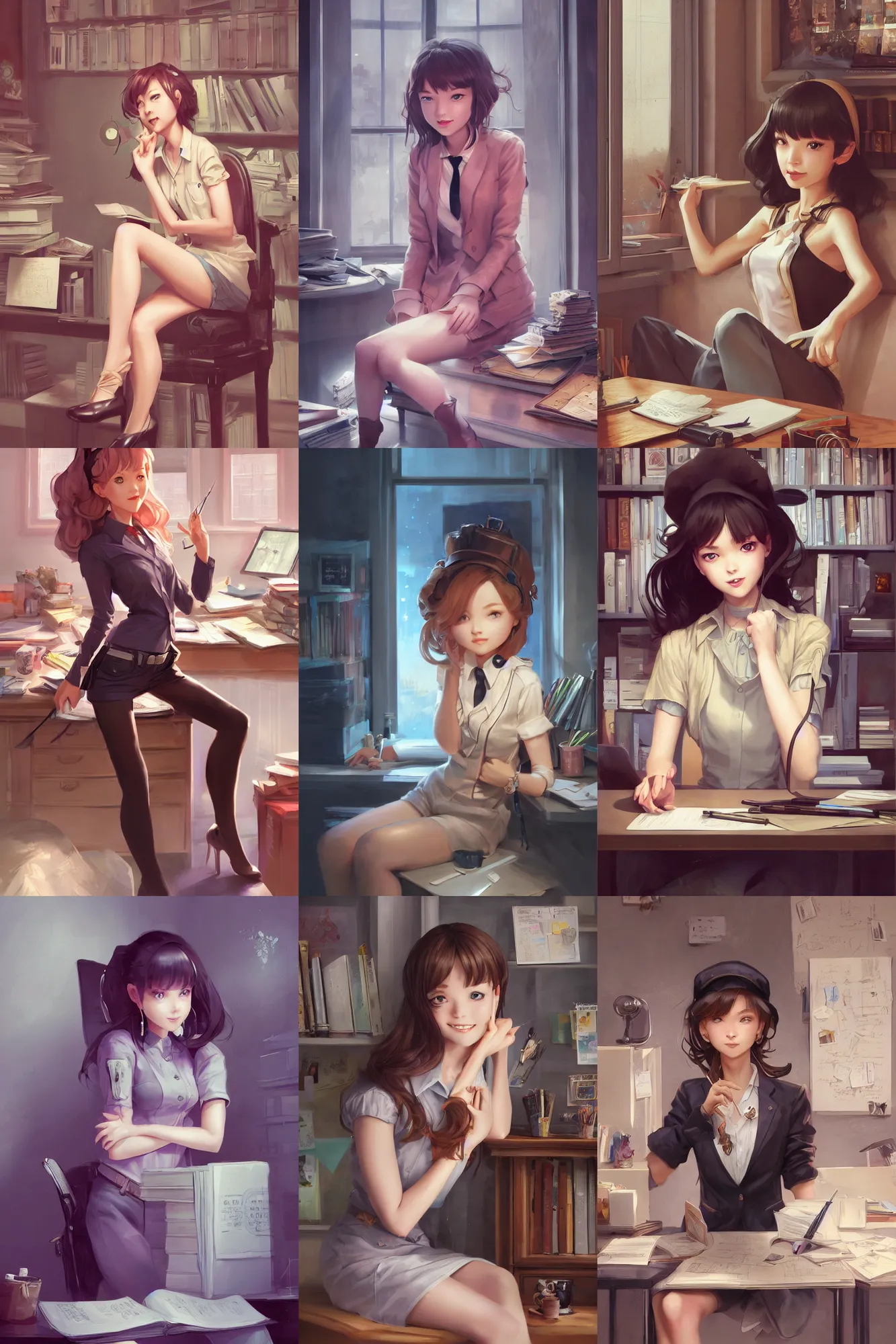 Prompt: a beautiful detective girl sitting in her office | | cute - fine - subtle smile, face, pretty face, fine details by stanley artgerm lau, wlop, rossdraws, james jean, andrei riabovitchev, marc simonetti, and sakimichan, trending on artstation