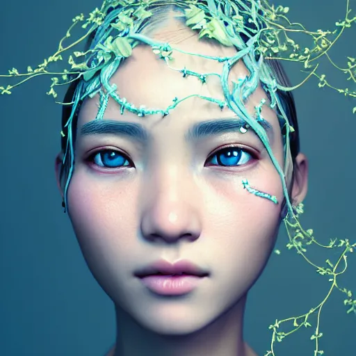 Image similar to intricate highly detailed face portrait of asian - european woman, light blue - pink water vines on her face, intricate, cgsociety, unreal engine, octane render, sharp focus, smooth, volumetric lighting, cinematic composition, artstation