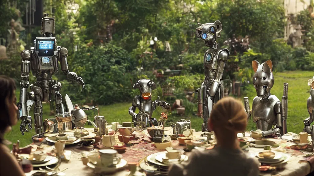 Image similar to film still from the movie chappie of the robot chappie shiny metal outdoor park plants garden scene bokeh depth of field several figures sitting down at a table having a delicious grand victorian tea party furry anthro anthropomorphic stylized cat ears wolf muzzle head android service droid robot machine fursona