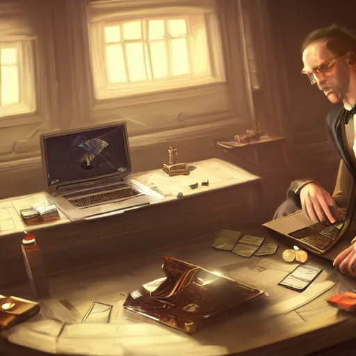 Image similar to realistic rich man using laptop in gaming room, money on floor, artstation trends, sci fi concept art, highly detailed, intricate, sharp focus, digital art, 8 k