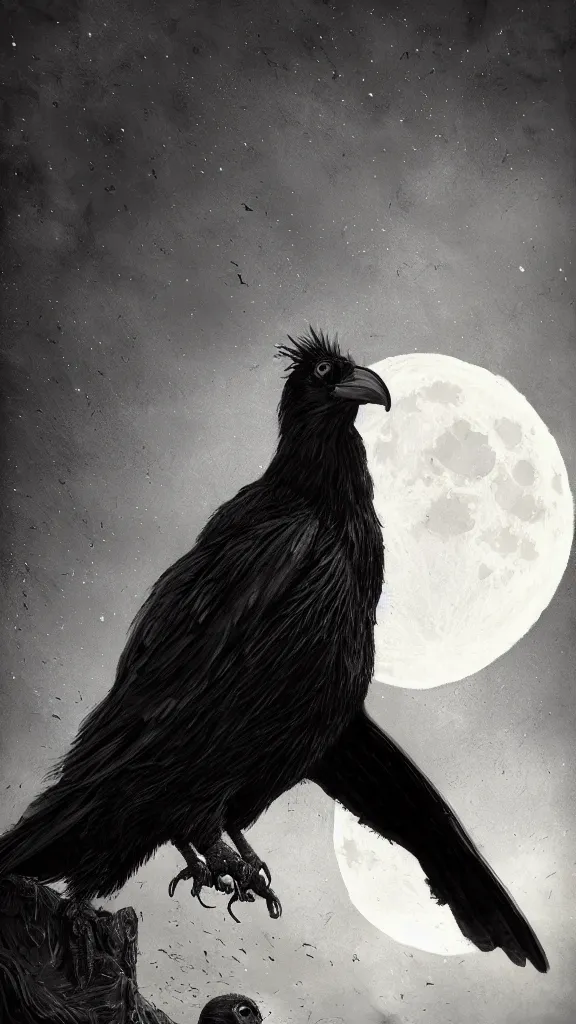 Prompt: portrait, a crow in front of the full big moon, book cover, red white and black colors, establishing shot, extremly high detail, foto realistic, cinematic lighting, intricate line drawings, by Yoshitaka Amano, Ruan Jia, Kentaro Miura, Artgerm, post processed, concept art, artstation, matte painting, style by eddie mendoza, raphael lacoste, alex ross