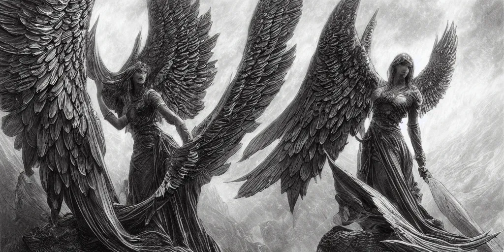 Image similar to immortal archangel wings, elegant beautiful white feathers, engraving, concept art, elden ring, illustration, smooth, sharp focus, by gustave dore and greg rutkowski, hyper realistic, ephemeral, fantasy art, in the style of midjourney, intricate, alphonse mucha, hyper detailed