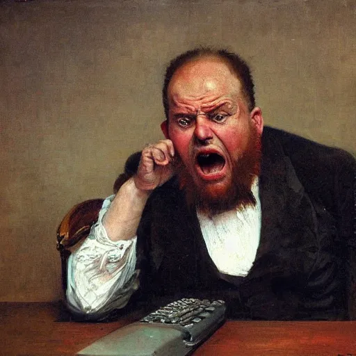 Image similar to an angry man yells at his computer monitor, oil on canvas, 1 8 8 3, highly detailed