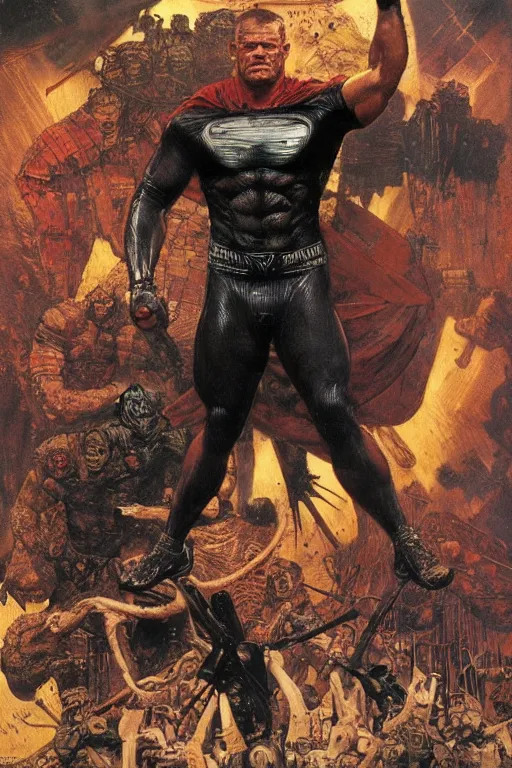 Prompt: jocko willink as huge superhero mutant warrior, dynamic action, dystopian, by lawrence alma tadema and zdzislaw beksinski and norman rockwell and tom lovell and greg staples