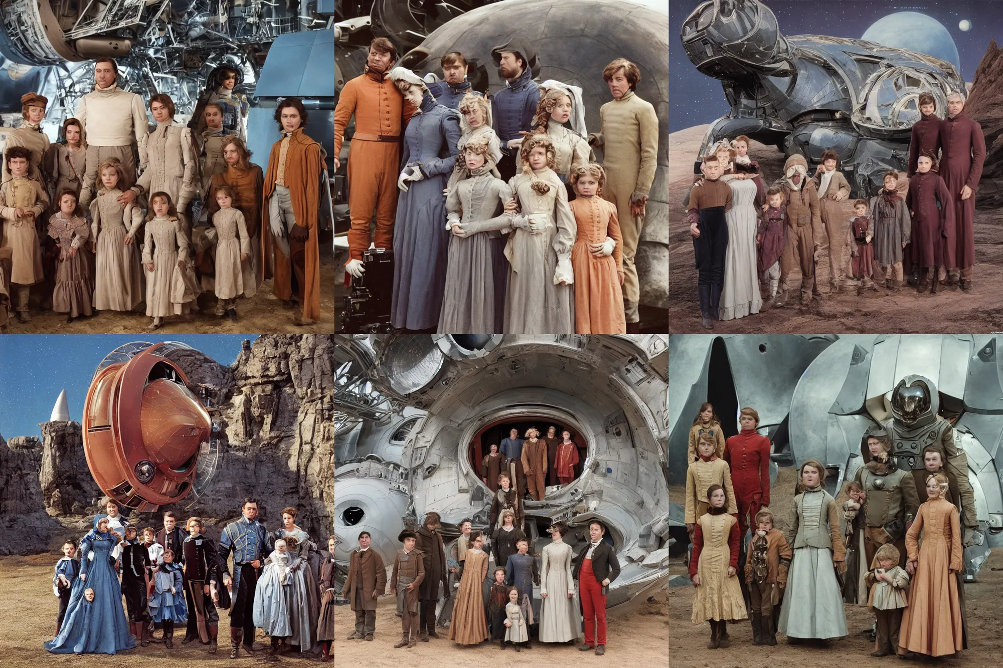 Prompt: highly detailed, 256435456k film, 806400mm film still from a sci fi blockbuster color movie made in 2019, set in 1860, of a family standing in front of a spaceship that has just landed on an alien planet, the family are all wearing 1860s era clothes, good lighting, good photography, ultra high definition