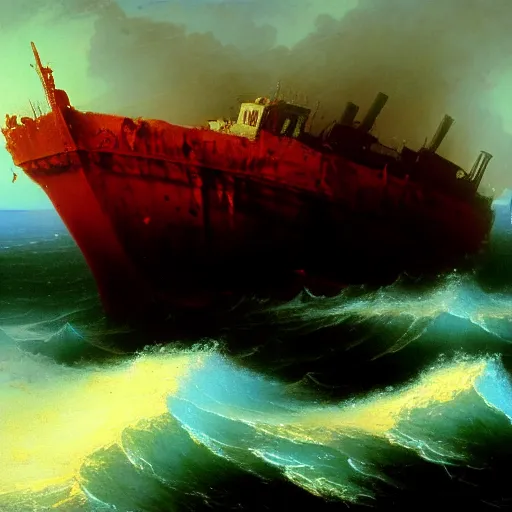 Image similar to bloody ocean, rusted iron ship sinking in red blood ocean, by Ivan Aivazovsky, junji ito, hd 8k