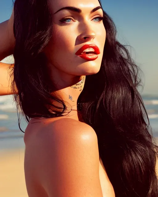 Prompt: Beautiful Head and shoulders portrait of confident flirty megan fox with straight long black hair, wearing a bikini by Zoë Mozert , Stephen Wayda , alberto Vargas, arney freytag, artstation, 35mm, fashion photoshoot, posing on the beach, golden hour, bokeh, rim lighting, fashion pose, octane, 4k